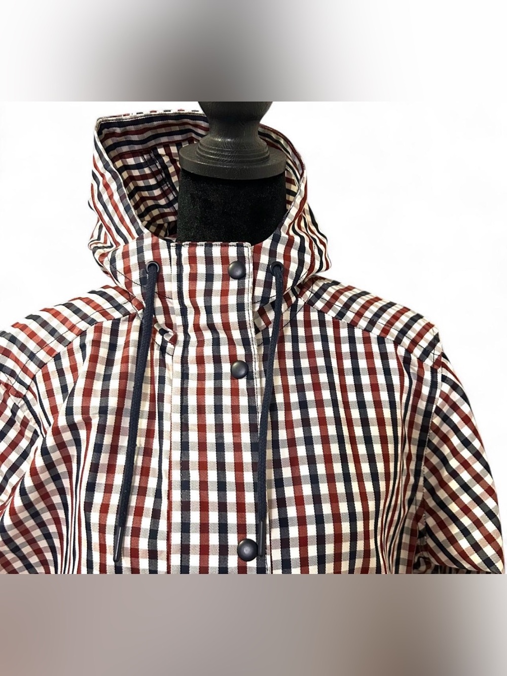 Women’s Hooded Check Raincoat - Red/Navy/White